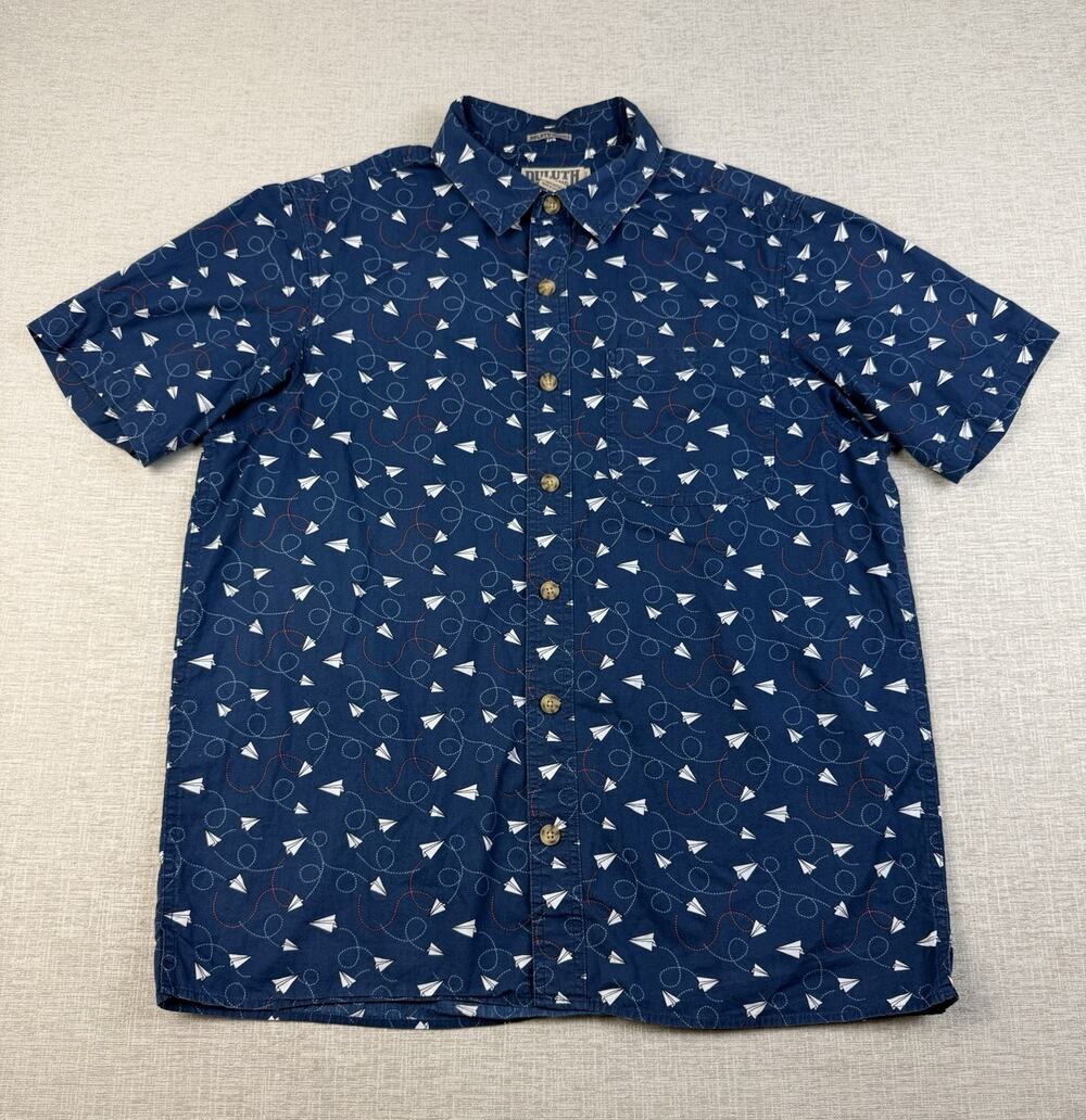 Duluth Trading Untucked Shirt Men’s Large Navy Paper Airplane Print Cotton